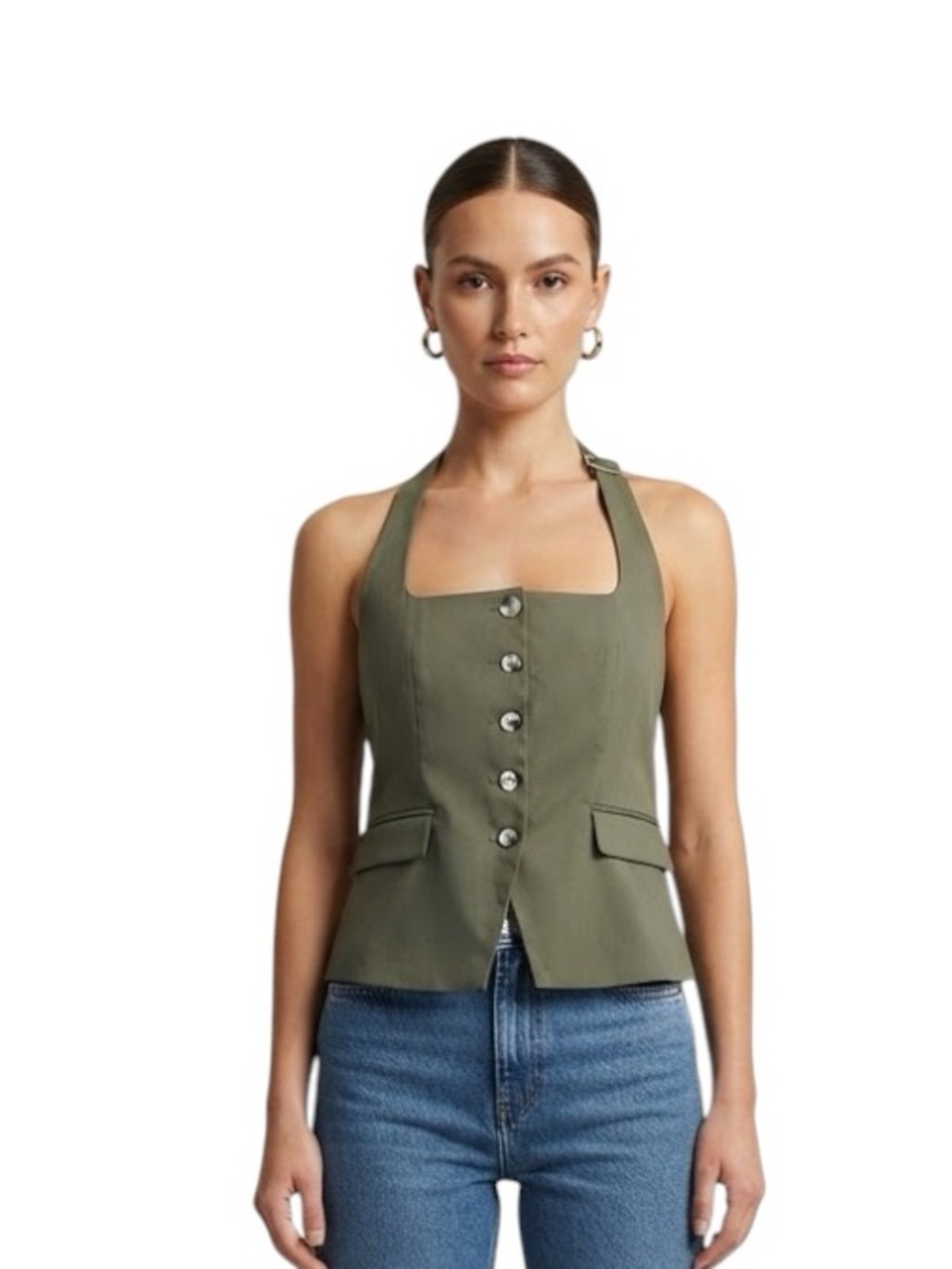 Emerson Lang Olive Green Button-Front Halter Vest Top NWT XL